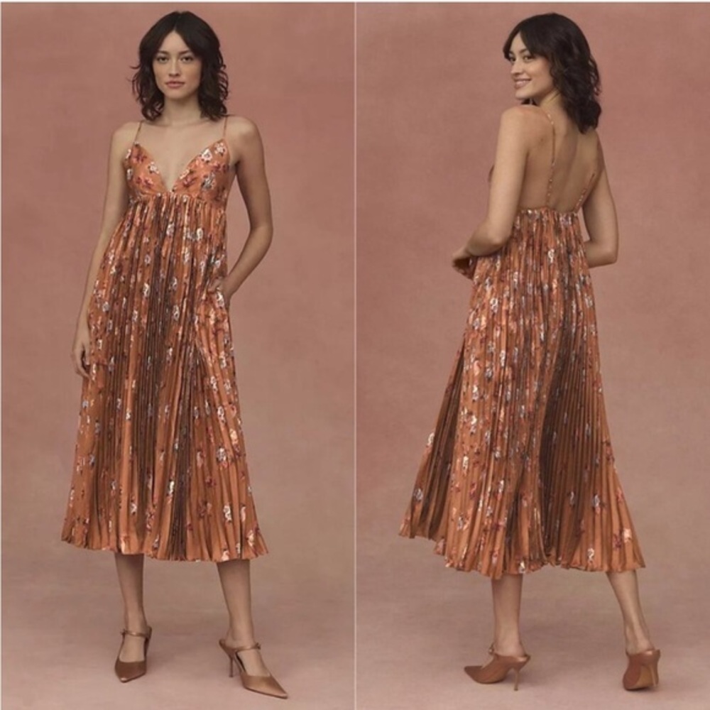 BHLDN Copper Floral Pleated Midi Dress with Spaghetti Straps